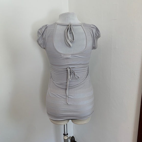 VTG 2000 y2k OP Soft T Shirt Long Stripe Emo Tie Back Cap Sleeve Blue Gray - Picture 11 of 13